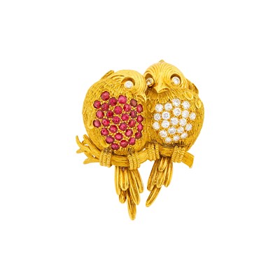 Lot 48 - Tiffany & Co. Gold, Ruby and Diamond Love Birds Clip-Brooch, France