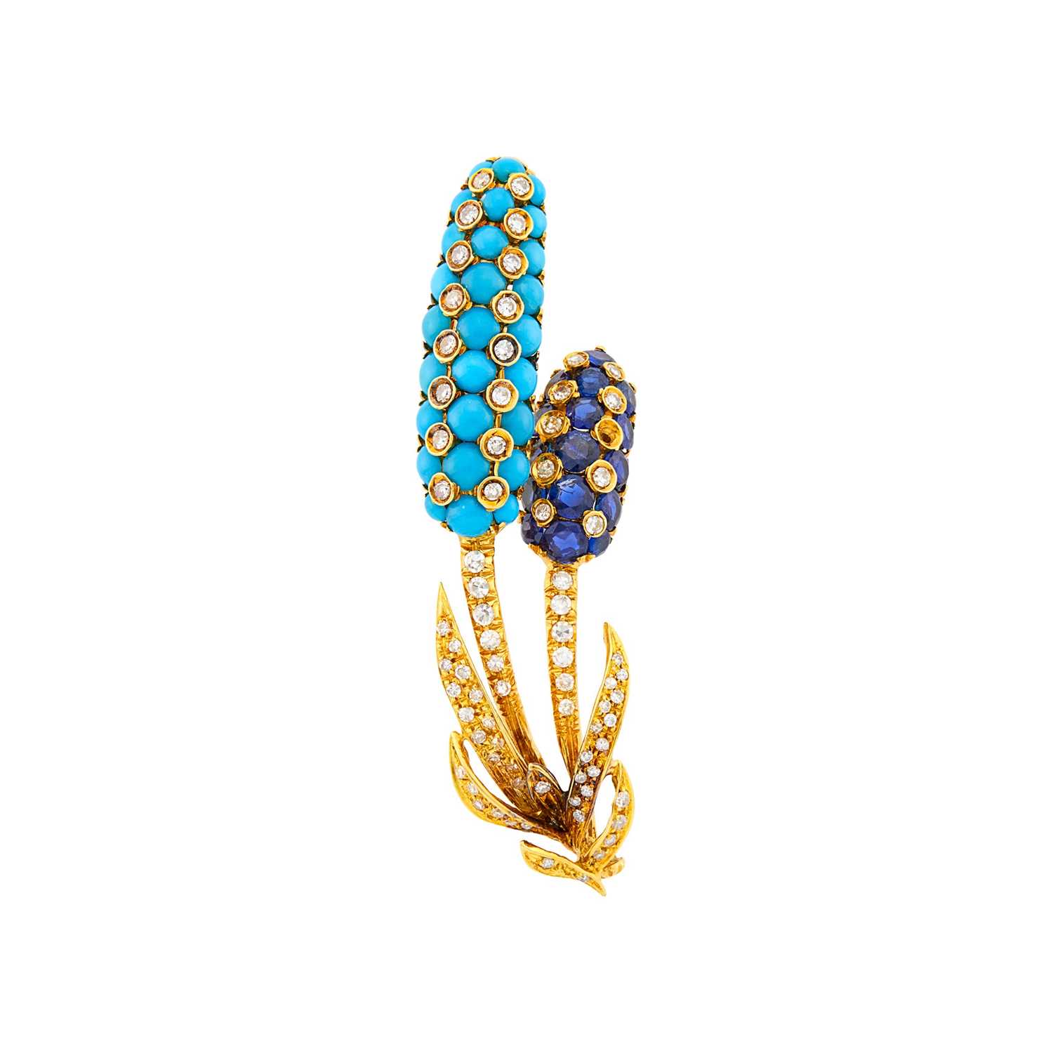Lot 1016 - Tiffany & Co. Gold, Turquoise, Sapphire and Diamond Cattail Brooch