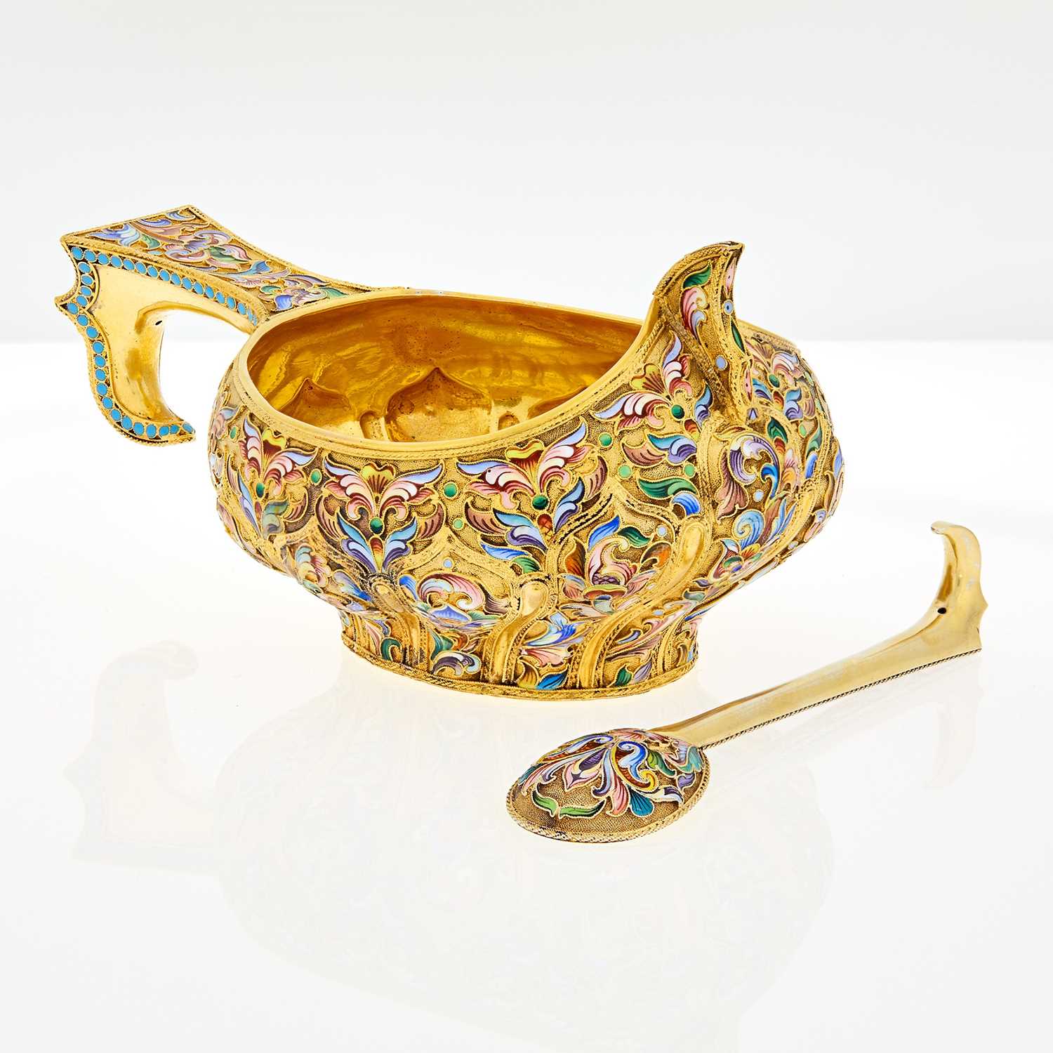 Lot 80 - Russian Silver-Gilt and Cloisonné Enamel Kovsh and Spoon