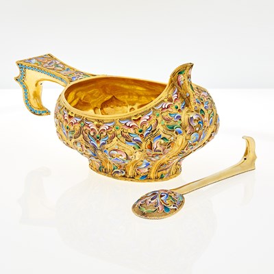 Lot 80 - Russian Silver-Gilt and Cloisonné Enamel Kovsh and Spoon