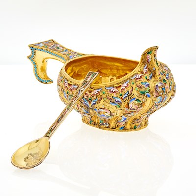 Lot 80 - Russian Silver-Gilt and Cloisonné Enamel Kovsh and Spoon