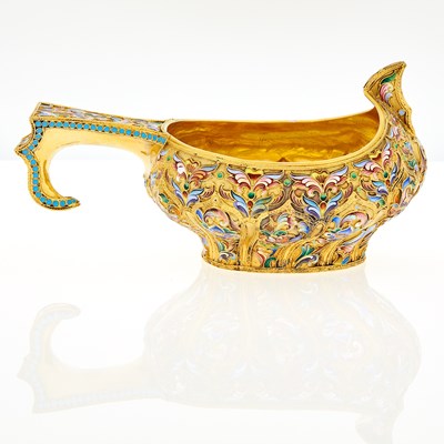 Lot 80 - Russian Silver-Gilt and Cloisonné Enamel Kovsh and Spoon