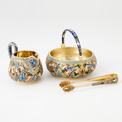Lot 208 - Russian Silver-Gilt and Cloisonné Enamel Sugar Bowl, Cream Jug and Associated Sugar Tongs