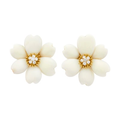 Lot 2093 - Pair of Carved White Coral, Gold and Diamond Flower Earclips