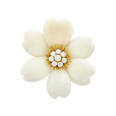 Lot 2092 - Carved White Coral, Gold and Diamond Flower Clip-Brooch