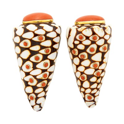 Lot 2014 - Fred Leighton Pair of Gold, Shell and Coral Clip-Brooches