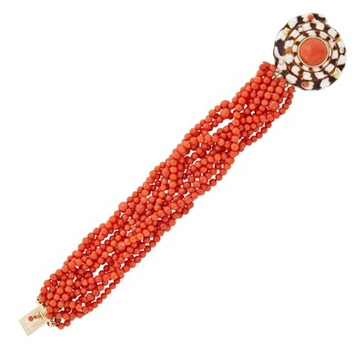 Lot 2015 - Fred Leighton Twelve Strand Coral Bead Torsade Bracelet with Gold, Shell, Coral and Diamond Clasp