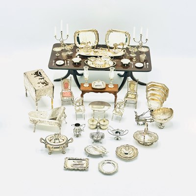 Lot 1208 - Group of Miniature Sterling and 800 Quality Silver Tablewares and Furniture