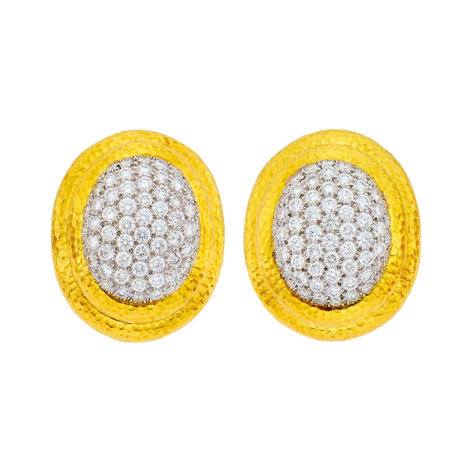 Lot 57 - David Webb Pair of Hammered Gold, Platinum and Diamond Earclips