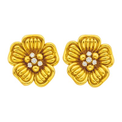 Lot 2002 - Pair of Gold and Diamond Flower Earclips