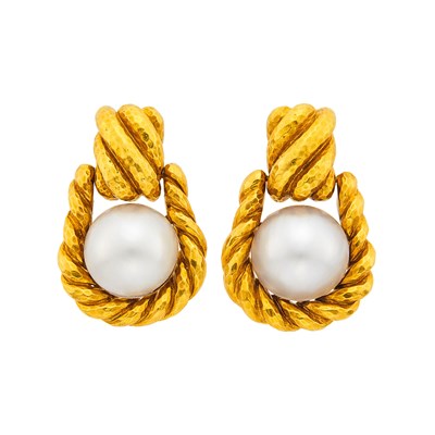 Lot 2099 - David Webb Pair of Hammered Gold and Mabé Pearl Doorknocker Earclips