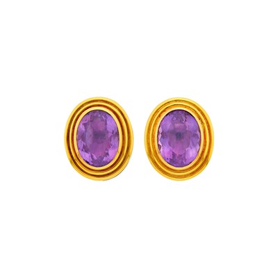 Lot 3102 - Pair of Gold and Amethyst Earclips