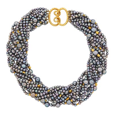 Lot 107 - Verdura Thirteen Strand Gray Cultured Pearl and Gold Bead Torsade Necklace