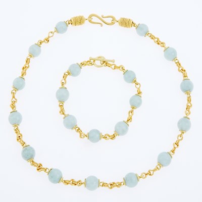 Lot 3086 - Gold and Jade Bead Necklace and Bracelet