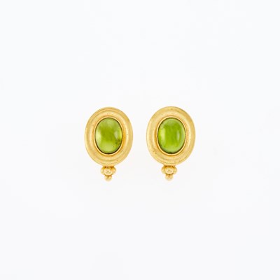 Lot 3003 - Pair of Gold, High Karat Gold and Cabochon Peridot Earrings