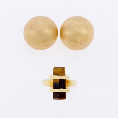 Lot 3037 - Pair of Gold Dome Earrings and Tiger's Eye Ring