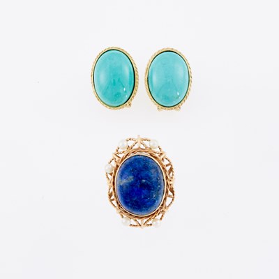 Lot 3254 - Gold, Lapis and Cultured Pearl Ring and Pair of Turquoise Earrings