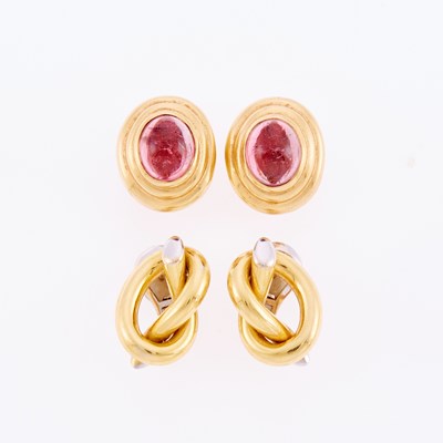 Lot 3097 - Pair of Gold and Cabochon Pink Tourmaline Earrings and Pair of Two-Color Gold Knot Earrings