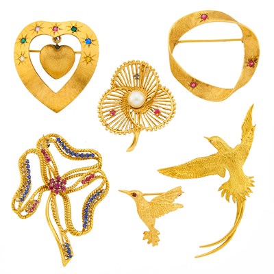 Lot 3190 - Six Gold and Gem-Set Brooches