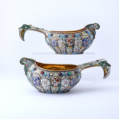 Lot Pair of Russian Style Silver and Cloisonné Enamel Kovshi
