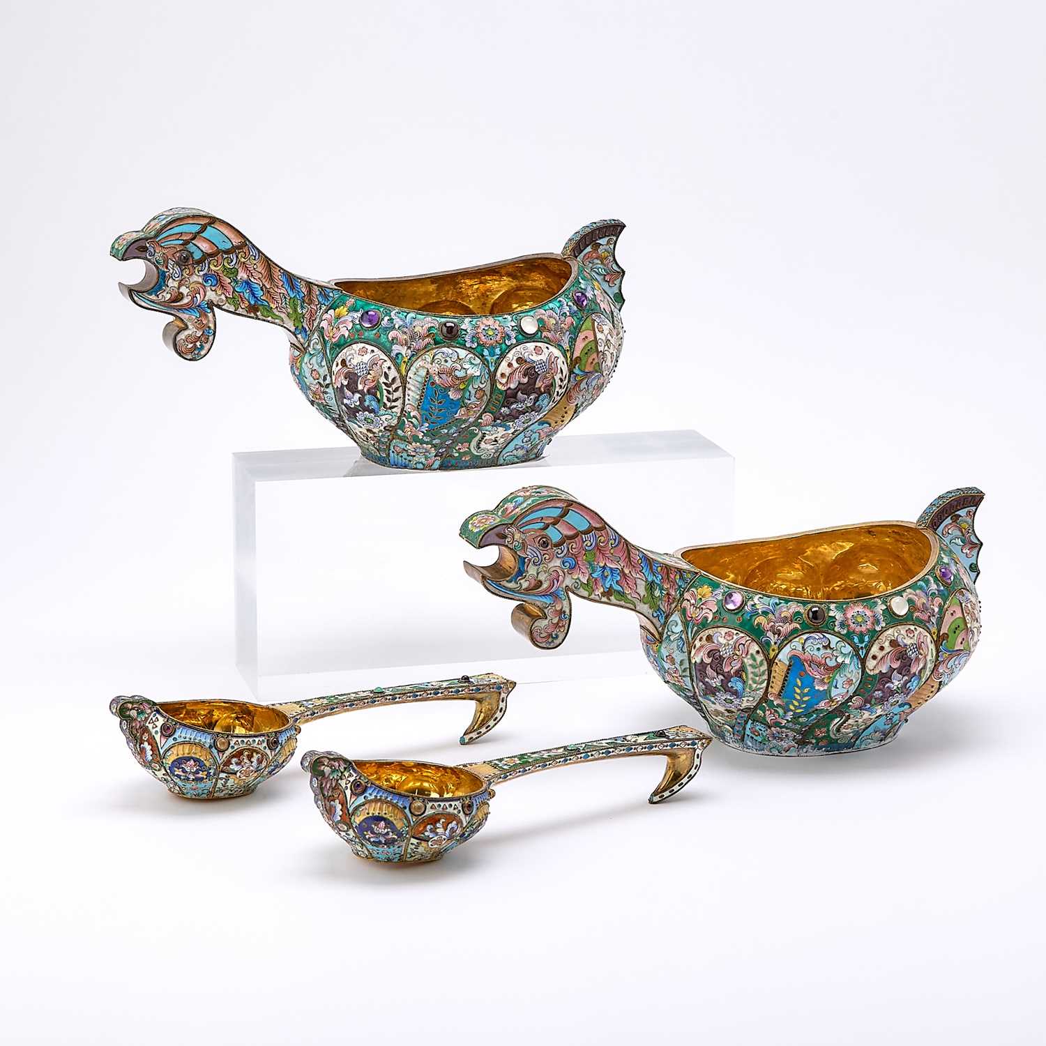 Lot 206 - Pair of Russian Style Silver-Gilt and Cloisonné Enamel Kovshi and Ladles