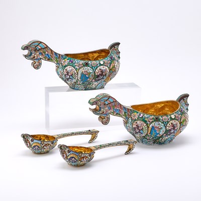 Lot 206 - Pair of Russian Style Silver-Gilt and Cloisonné Enamel Kovshi and Ladles