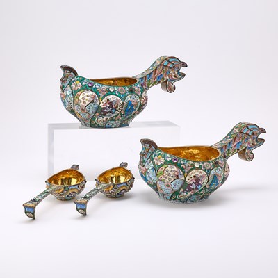 Lot 206 - Pair of Russian Style Silver-Gilt and Cloisonné Enamel Kovshi and Ladles