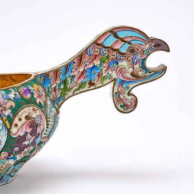 Lot 206 - Pair of Russian Style Silver-Gilt and Cloisonné Enamel Kovshi and Ladles