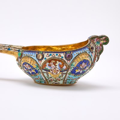 Lot 206 - Pair of Russian Style Silver-Gilt and Cloisonné Enamel Kovshi and Ladles