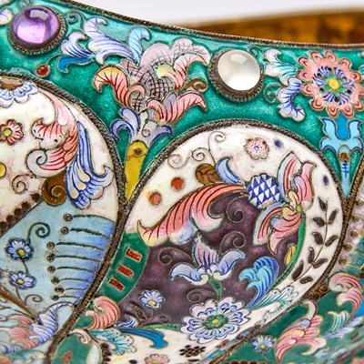 Lot 206 - Pair of Russian Style Silver-Gilt and Cloisonné Enamel Kovshi and Ladles