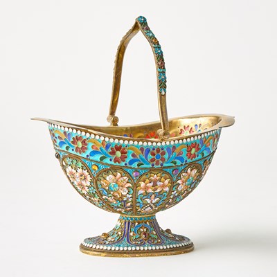 Lot 207 - Russian Style Silver-Gilt, Cloisonné and Plique-à-Jour Enamel Handled Basket
