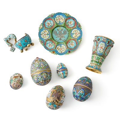 Lot 208 - Group of Eight Russian Style Silver and Cloisonné Enamel Articles