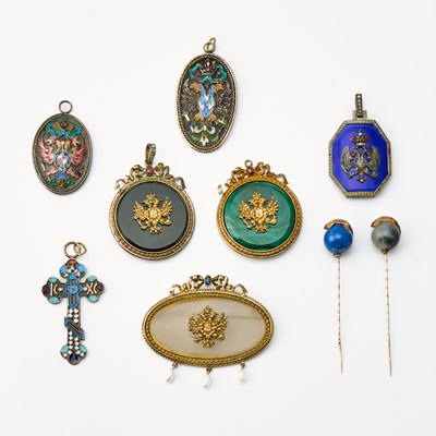 Lot 210 - Group of Seven Russian Style Silver, Hardstone and Enamel Jewelry