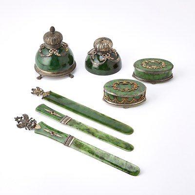 Lot 242 - Group of Russian Style Silver and Metal Mounted Nephrite Articles