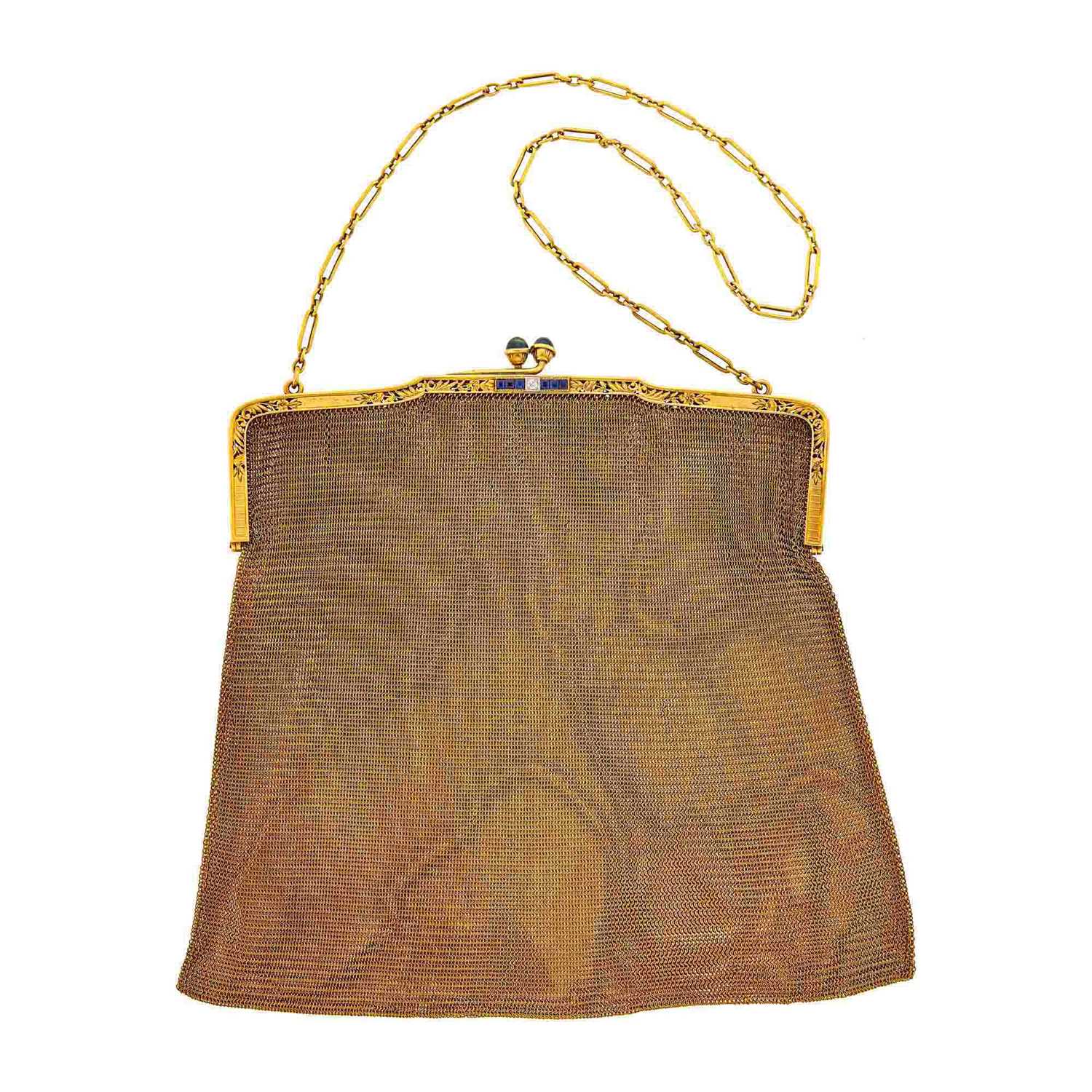 Lot 1064 - Cartier Antique Gold, Diamond and Sapphire Mesh Evening Bag