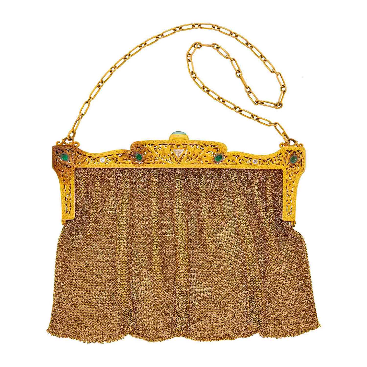 Lot 1066 - Antique Gold, Emerald and Diamond Mesh Evening Bag