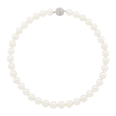 Lot 3119 - Pearl Necklace with White Gold and Diamond Ball Clasp
