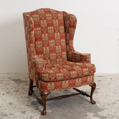 Lot 341 - Red Floral Upholstered Wing-Back Armchair