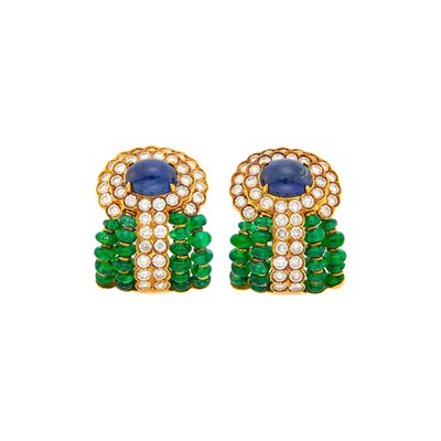 Lot 2087 - Giovane Pair of Gold, Cabochon Sapphire, Emerald Bead and Diamond Earclips