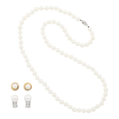 Lot 3324 - Group of Cultured and Freshwater Pearl, Diamond and Tricolor Gold Necklace, Pair of Earclips and Pair of Earrings
