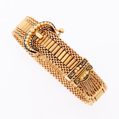 Lot 3161 - Gold and Black Enamel Slide Buckle Bracelet