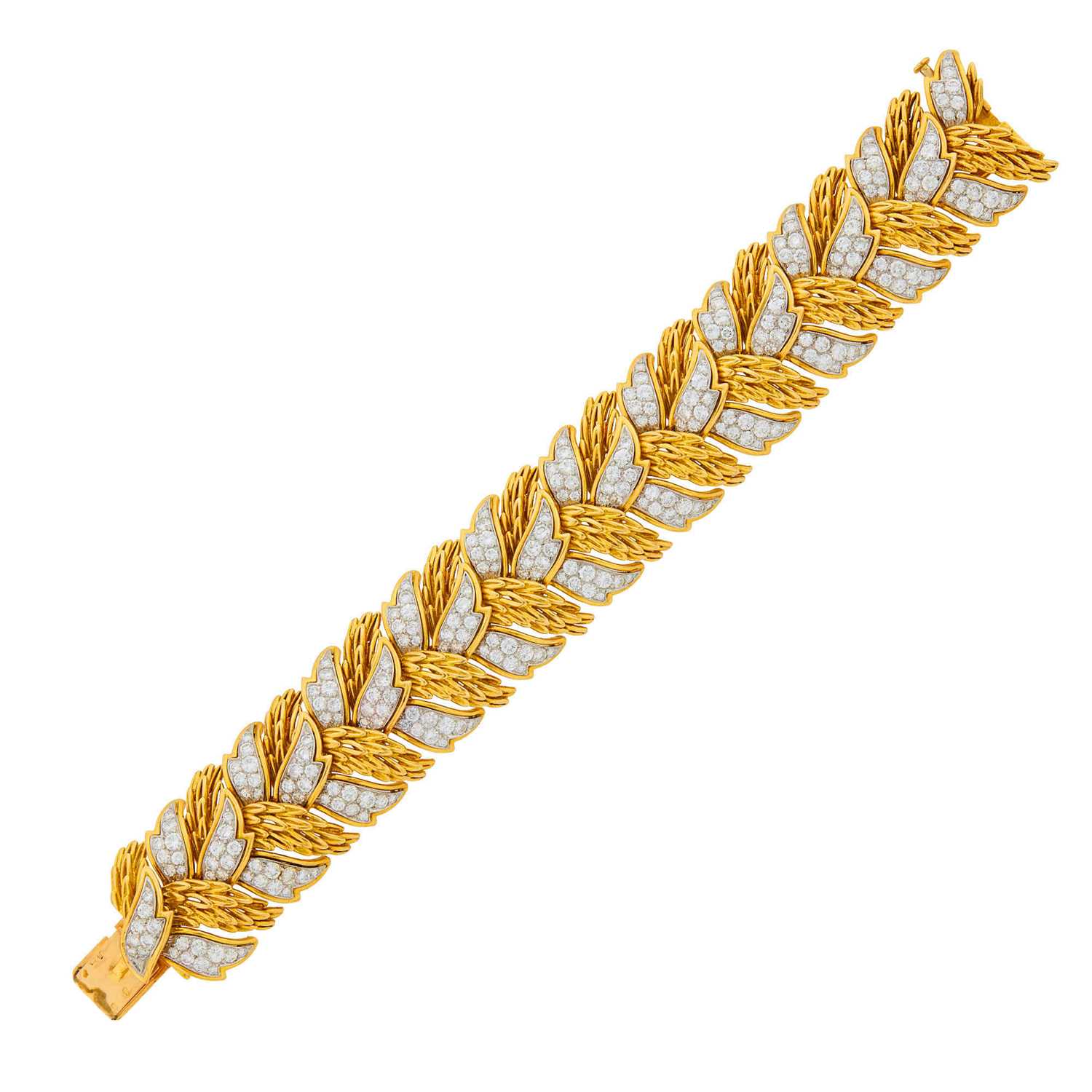 Lot 162 - Wide Gold, Platinum and Diamond Leaf Bracelet, France