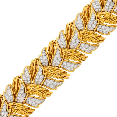 Lot 162 - Wide Gold, Platinum and Diamond Leaf Bracelet, France