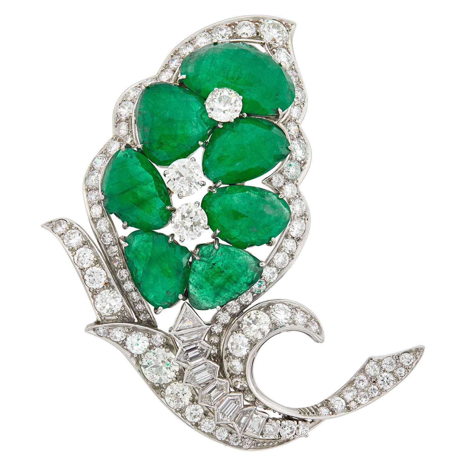 Lot 142 - Platinum, Emerald and Diamond Clip-Brooch