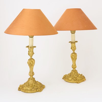 Lot 269 - Pair of Louis XV Style Gilt Bronze Candlesticks Mounted as Lamps