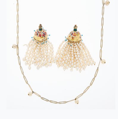 Lot 3316 - Pair of Indian Gold, Metal, Enamel and Cultured Pearl Fringe Pendants and Costume Chain Necklace