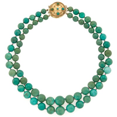 Lot 3036 - Double Strand Turquoise Bead Necklace with Gold and Turquoise Clasp