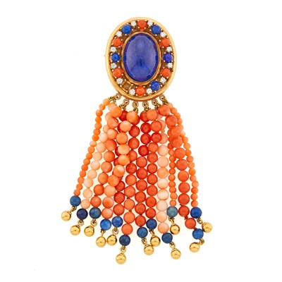 Lot 3250 - Gold, Lapis, Coral and Gold Bead Fringe Brooch