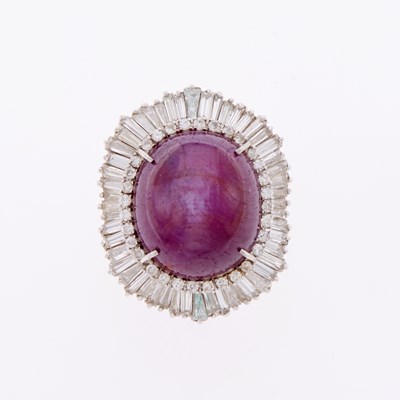 Lot 3267 - Platinum, Cabochon Ruby and Diamond Ring-Dant