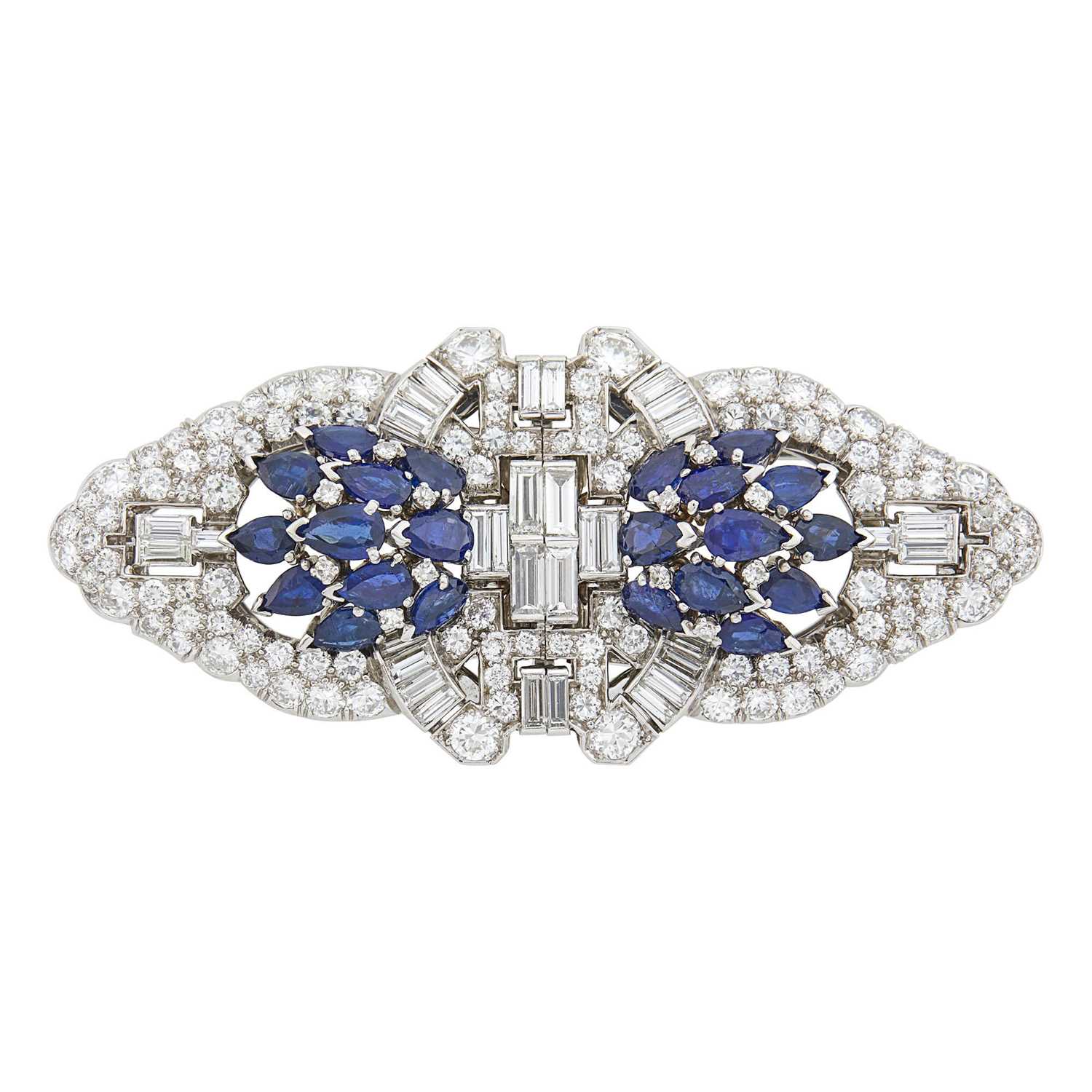 Lot 187 - Platinum, Sapphire and Diamond Double-Clip Brooch